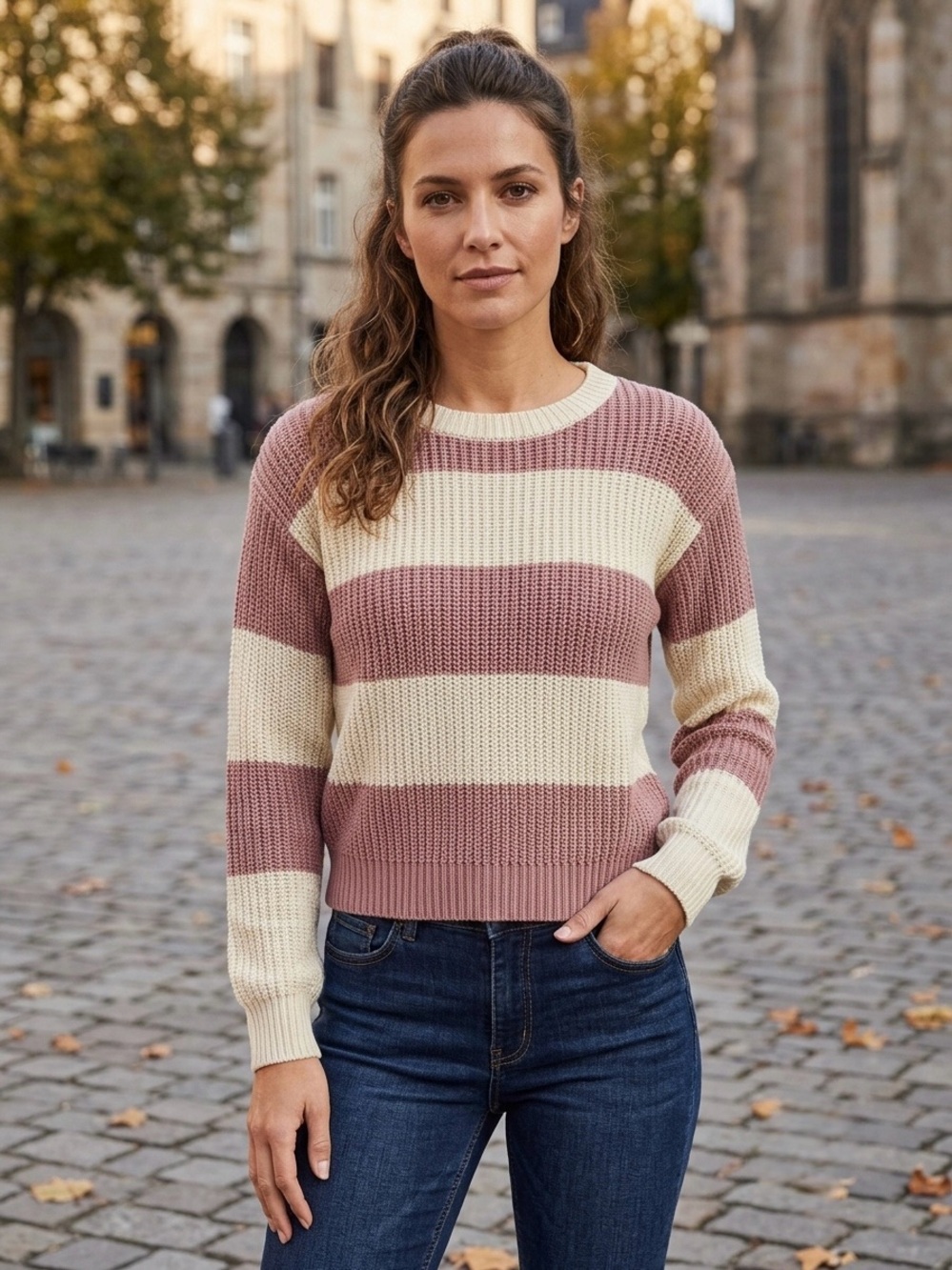 Copper Key Striped Crewneck Sweater in Dusty Rose and Cream